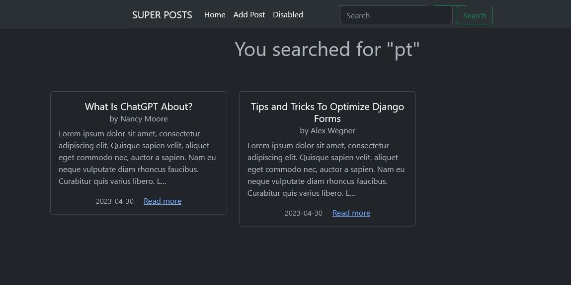 a blog page showing some results after a user searched for pt