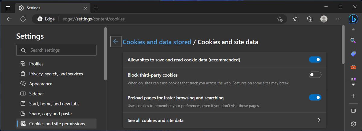 Sell all cookies in Microsoft Edge