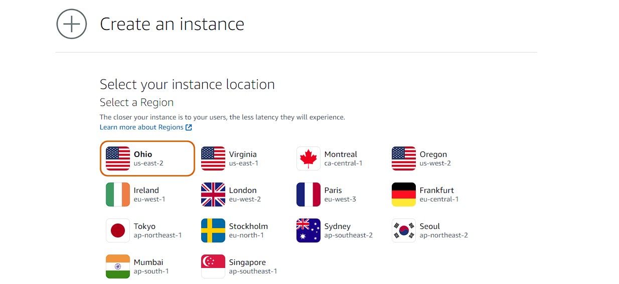 select a region to create instance