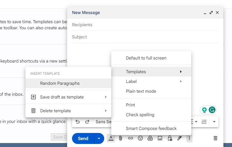 Selecting and inserting the template in Gmail compose window