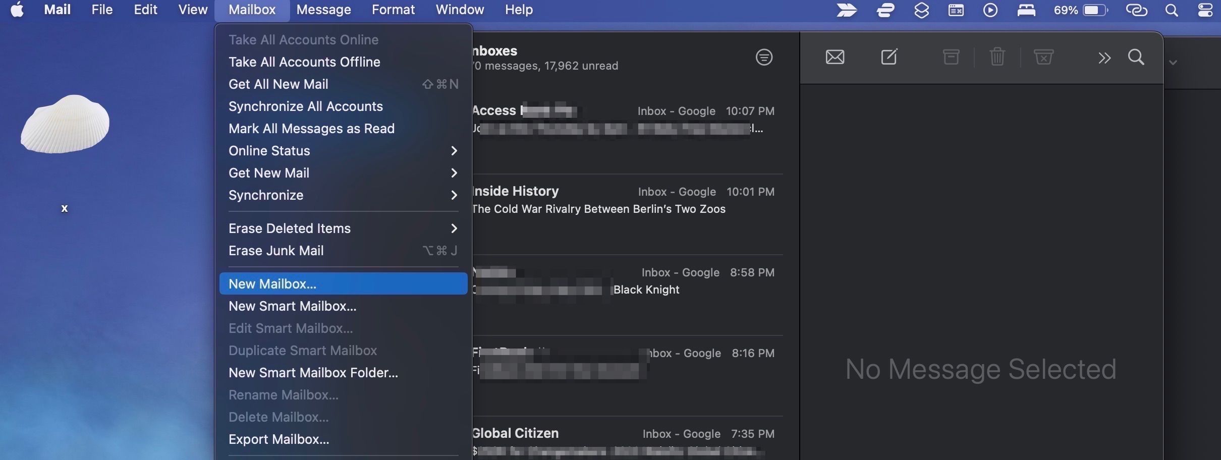 Selecting New Mailbox in macOS menu bar