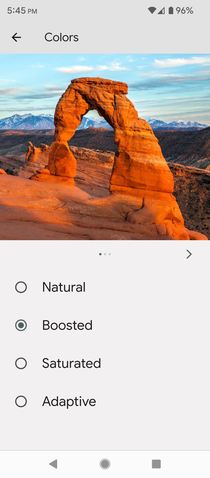 Selecting the Boosted colors option in Android Display Settings
