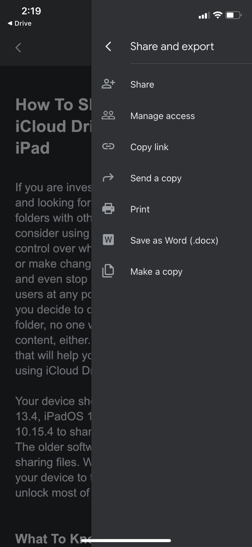 Option d'envoi d'une copie dans l'application Google Drive sur iPhone