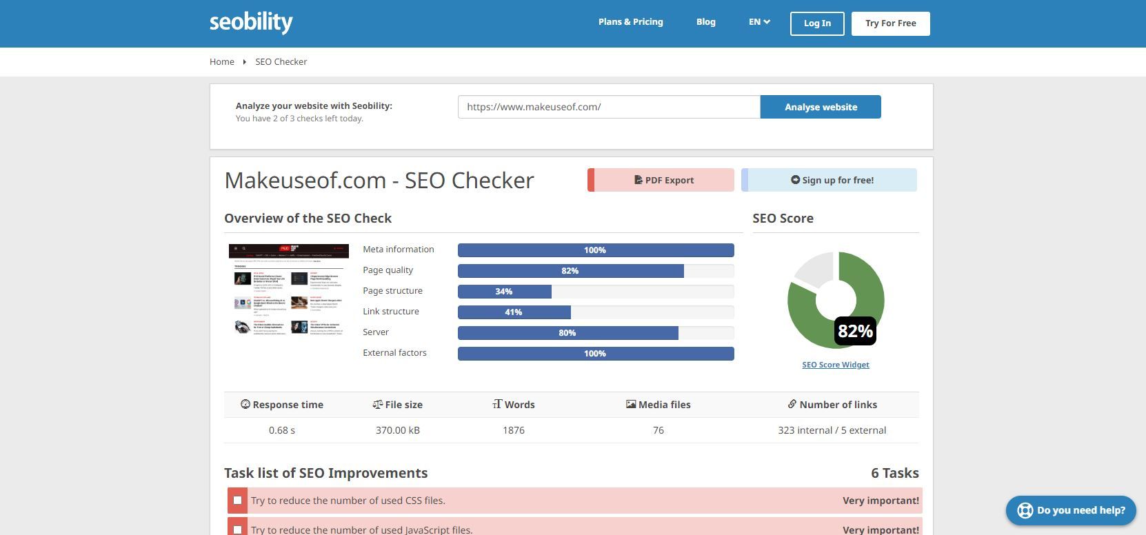 Screenshot Of Seobility, A Free Online Seo Checker 