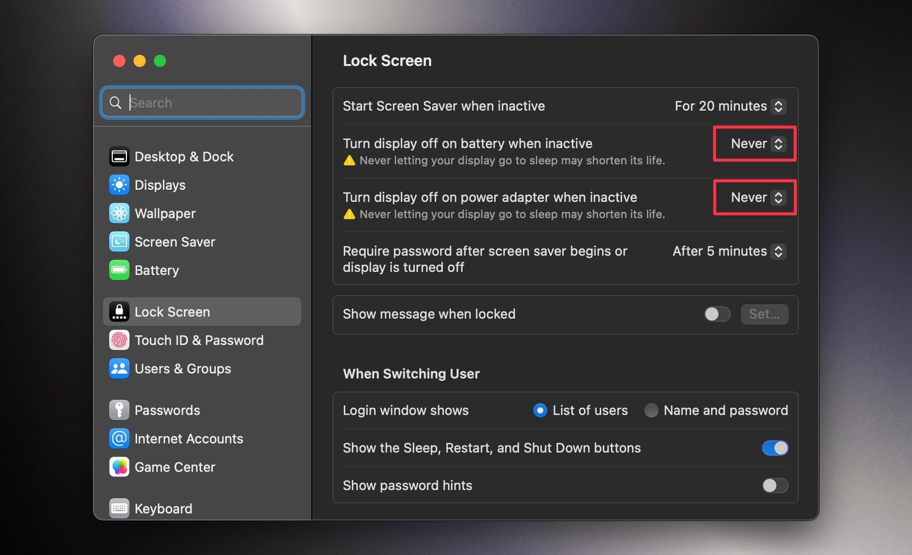 Set display off settings to Never in Lock Screen settings on macOS Ventura