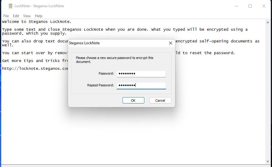 The password settings boxes in LockNote