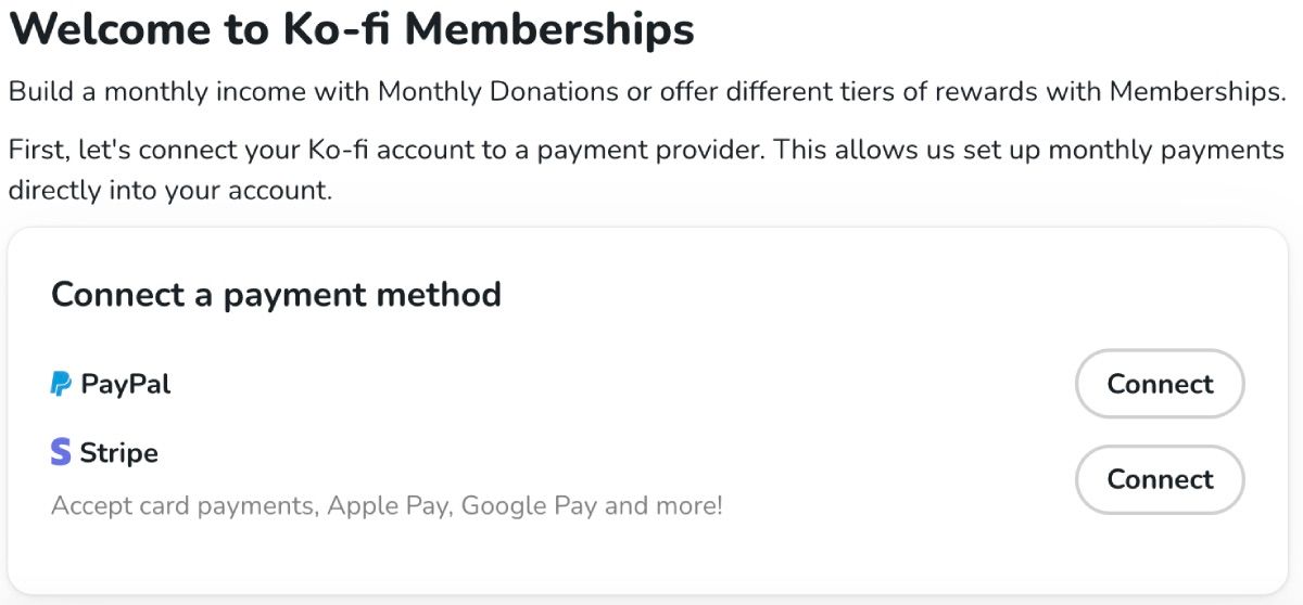 Welcome to Ko-fi Memberships payment method setup