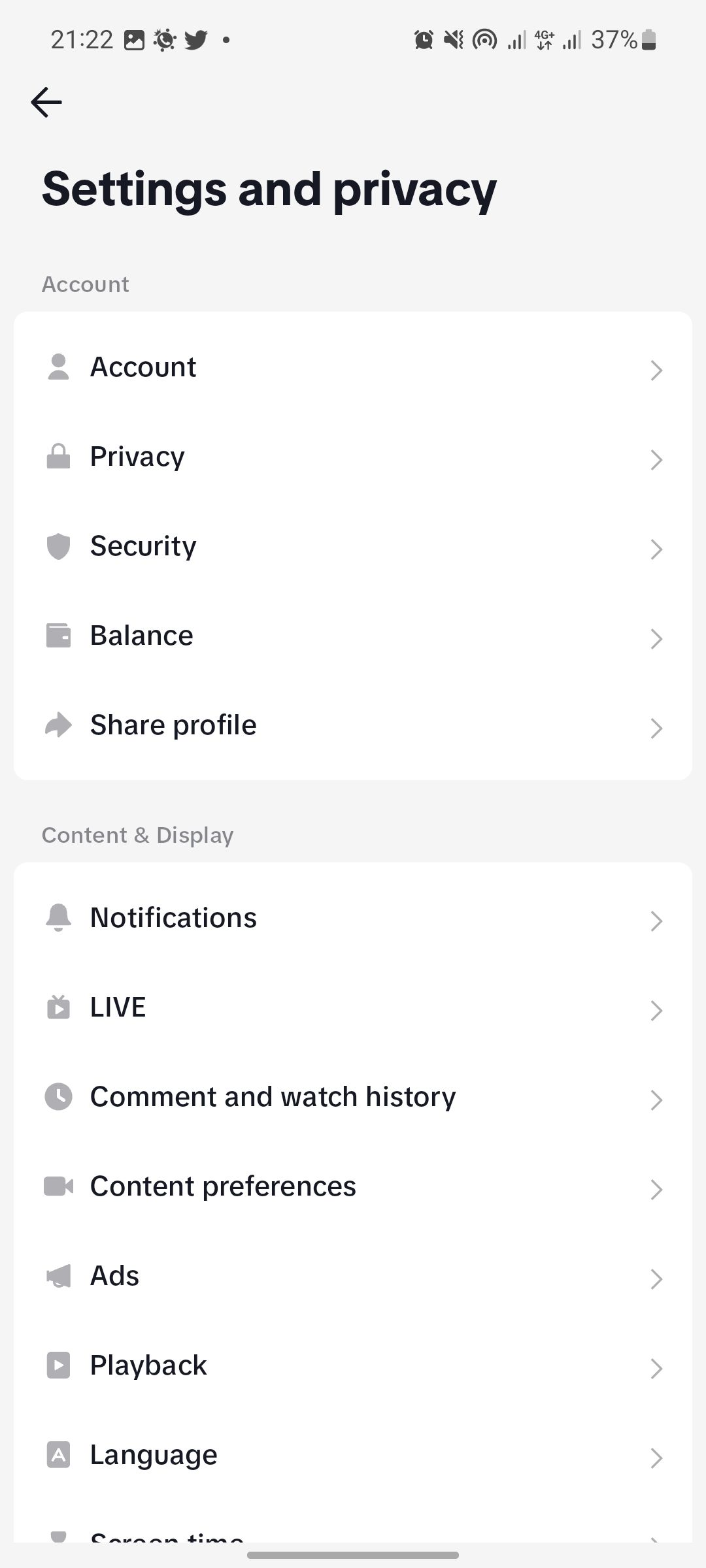 Settings and privacy page on Tiktok