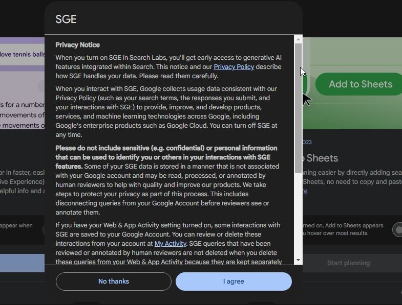 SGE agreement popup