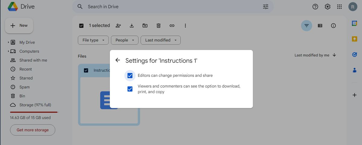 Set sharing instruction on Google Drive