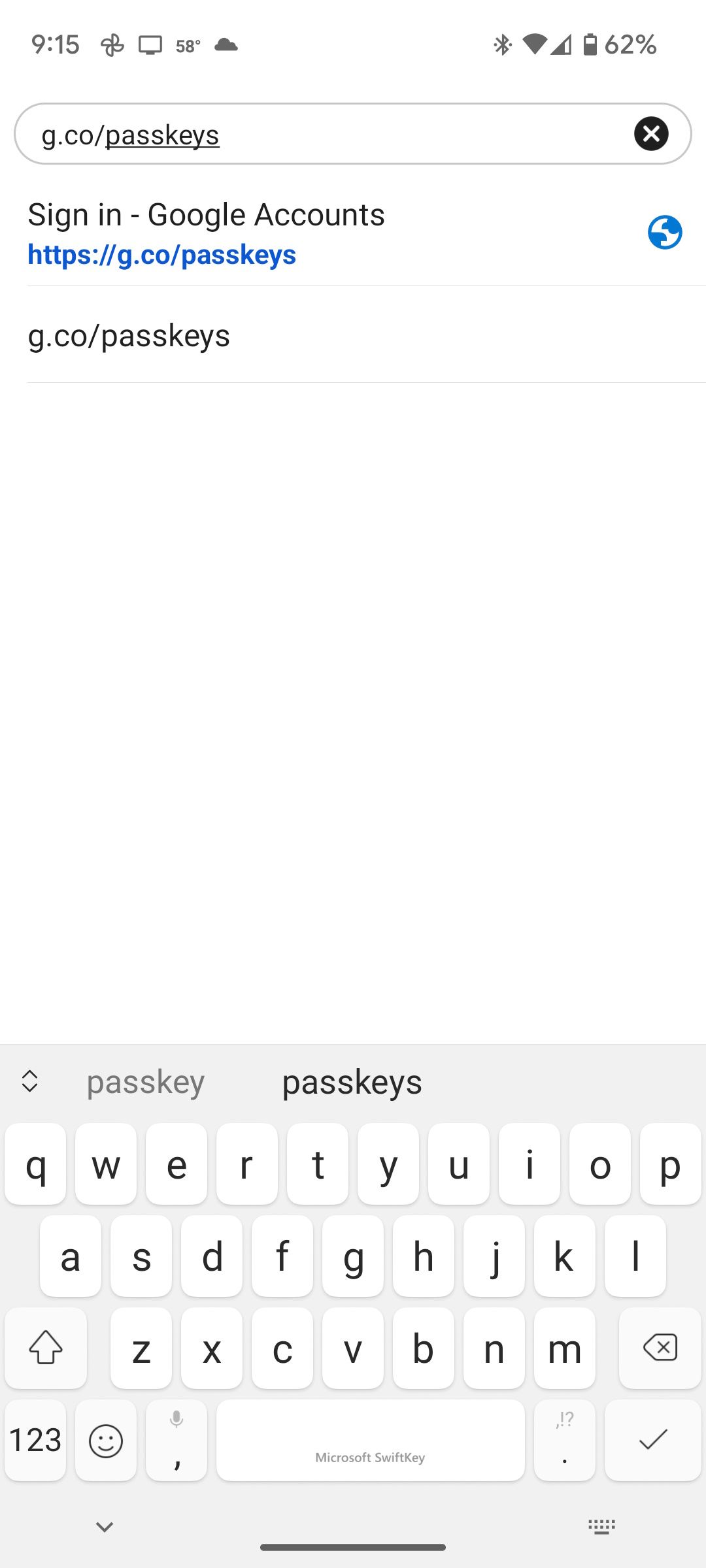 The URL to set up a passkey for a Google account