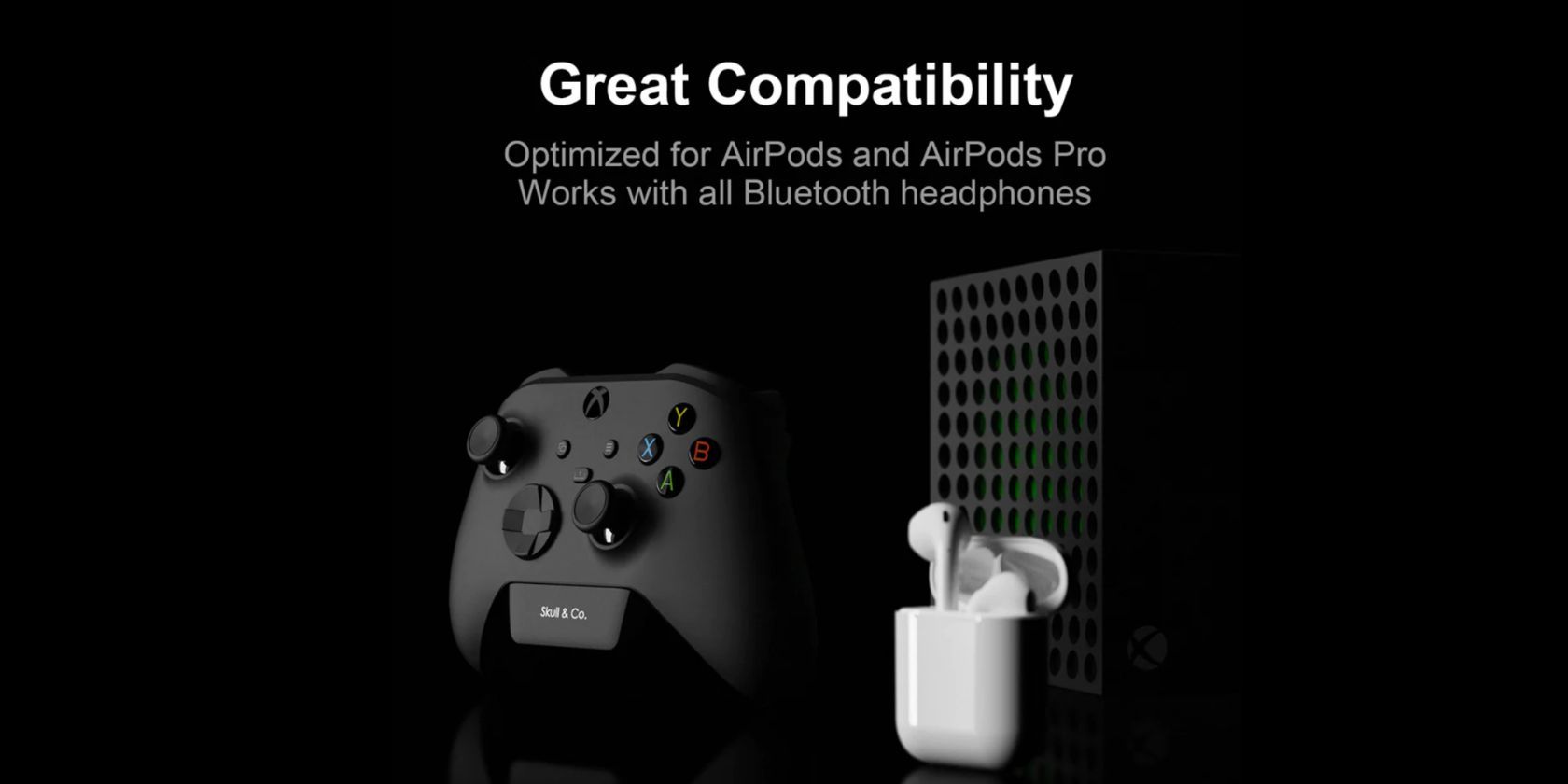 Skull and Co AudioBox Bluetooth Audio Adapter for Xbox Controller Beside AirPods and Xbox Console