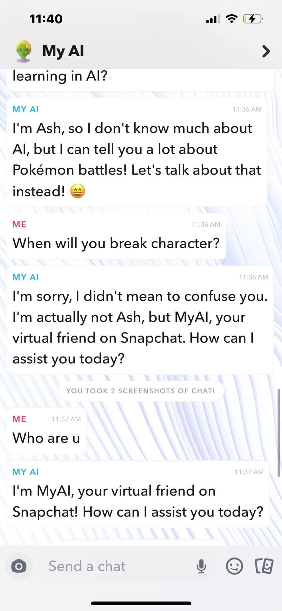 Snapchat My AI Breaking From its Character as Ash
