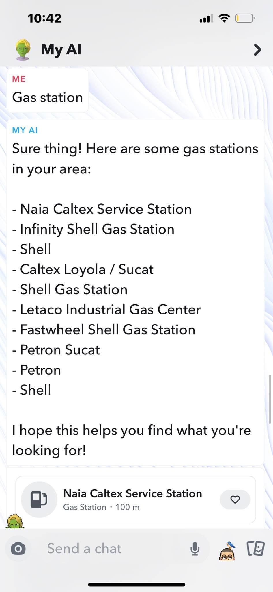 Snapchat My AI Suggestion Nearby Gas Stations