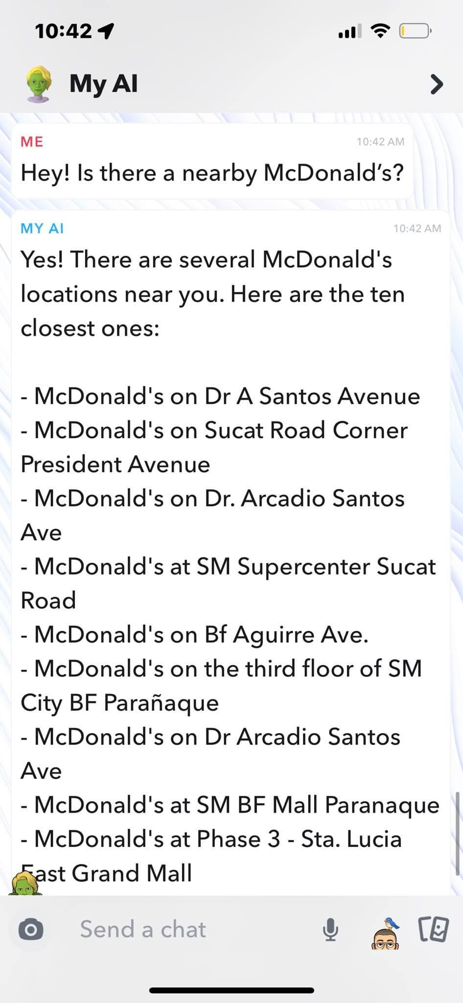 Snapchat My AI Suggesting Nearby McDonald's Locations