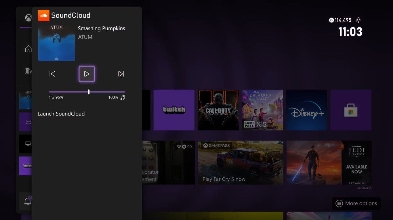 A screenshot of SoundCloud playing music through the guide menu for Xbox Series X