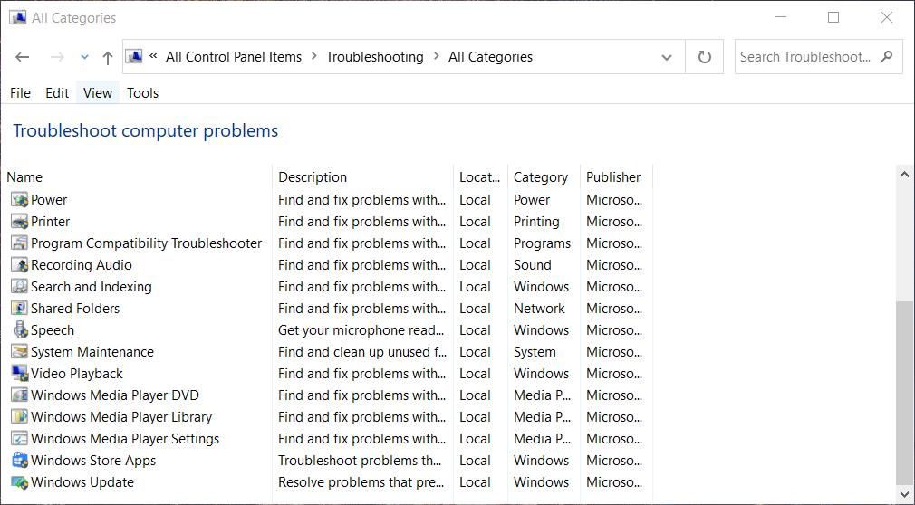 The troubleshooter list in the Control Panel 