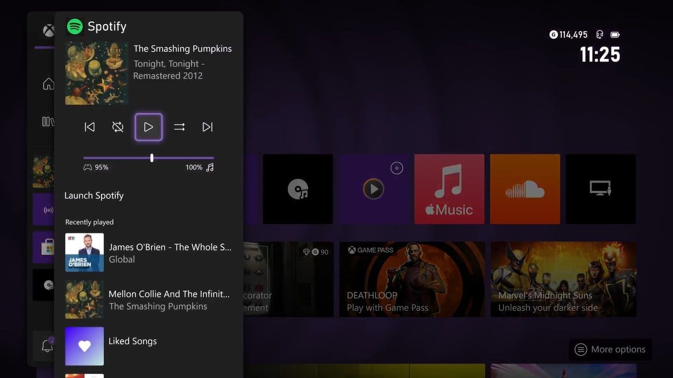 A screenshot of Spotify available in the guide menu for Xbox Series X 