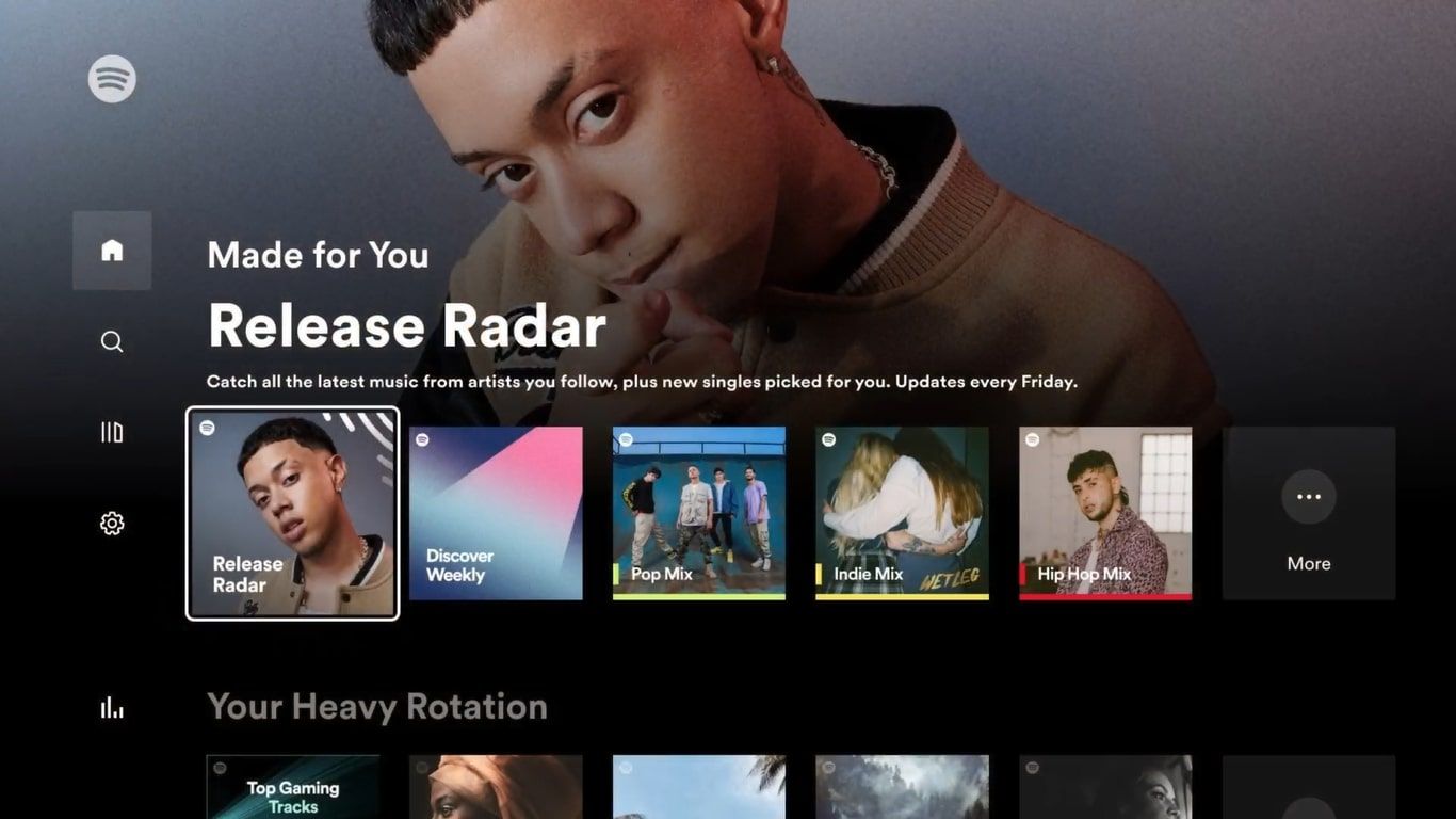 A screenshot of the Spotify home screen on an Xbox Series X 