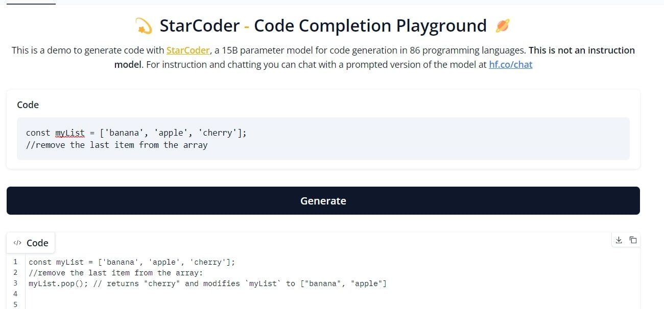Antarmuka StarCoder Playground Melengkapi program JavaScript