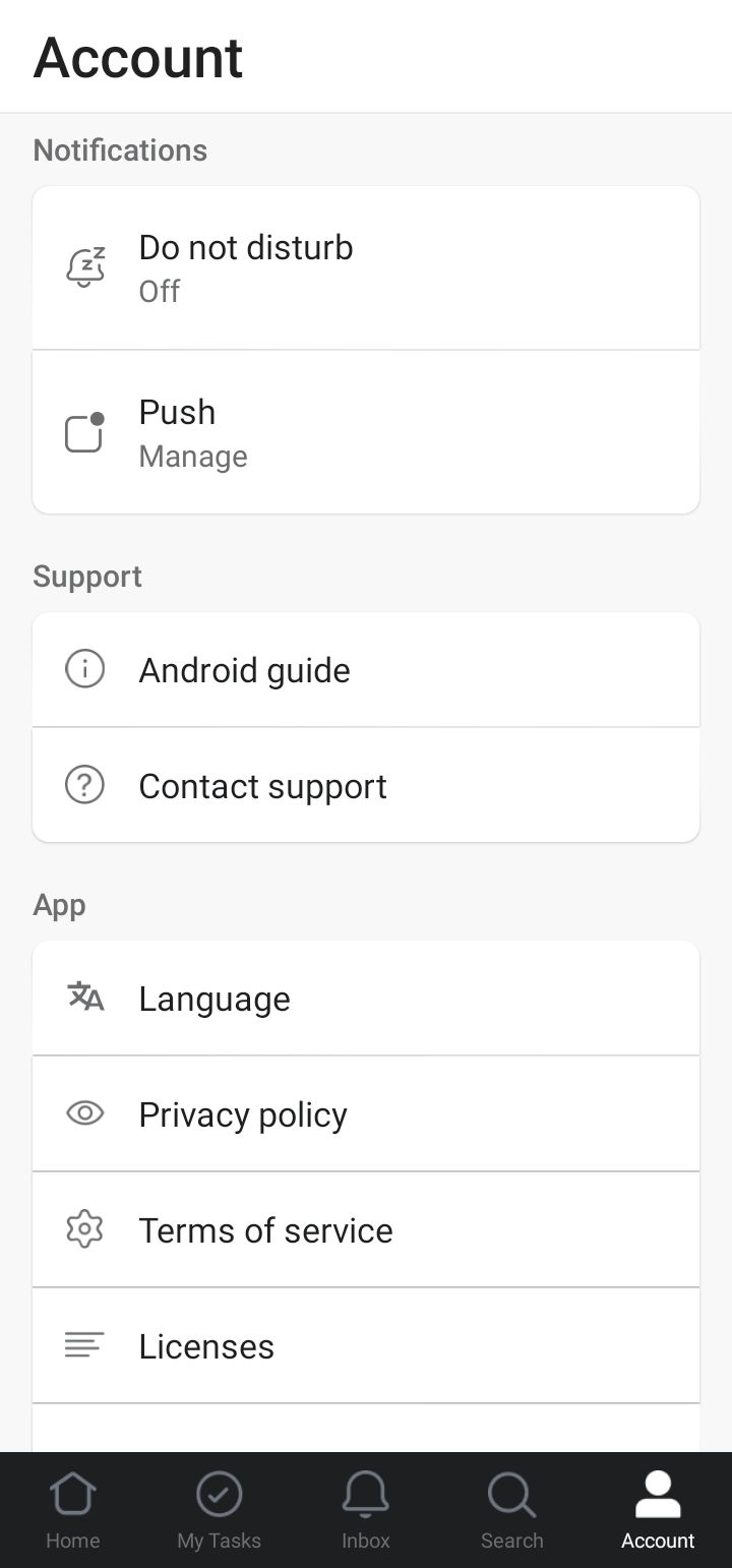 Asana mobile app showing account settings