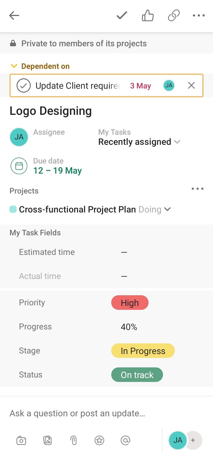 Asana mobile app showing project updates