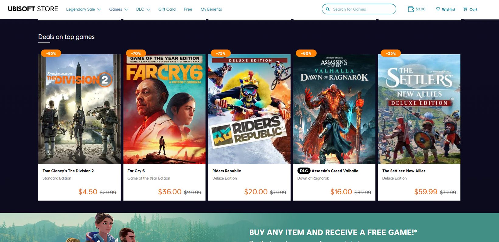 Ubisoft Store with a few games on sale