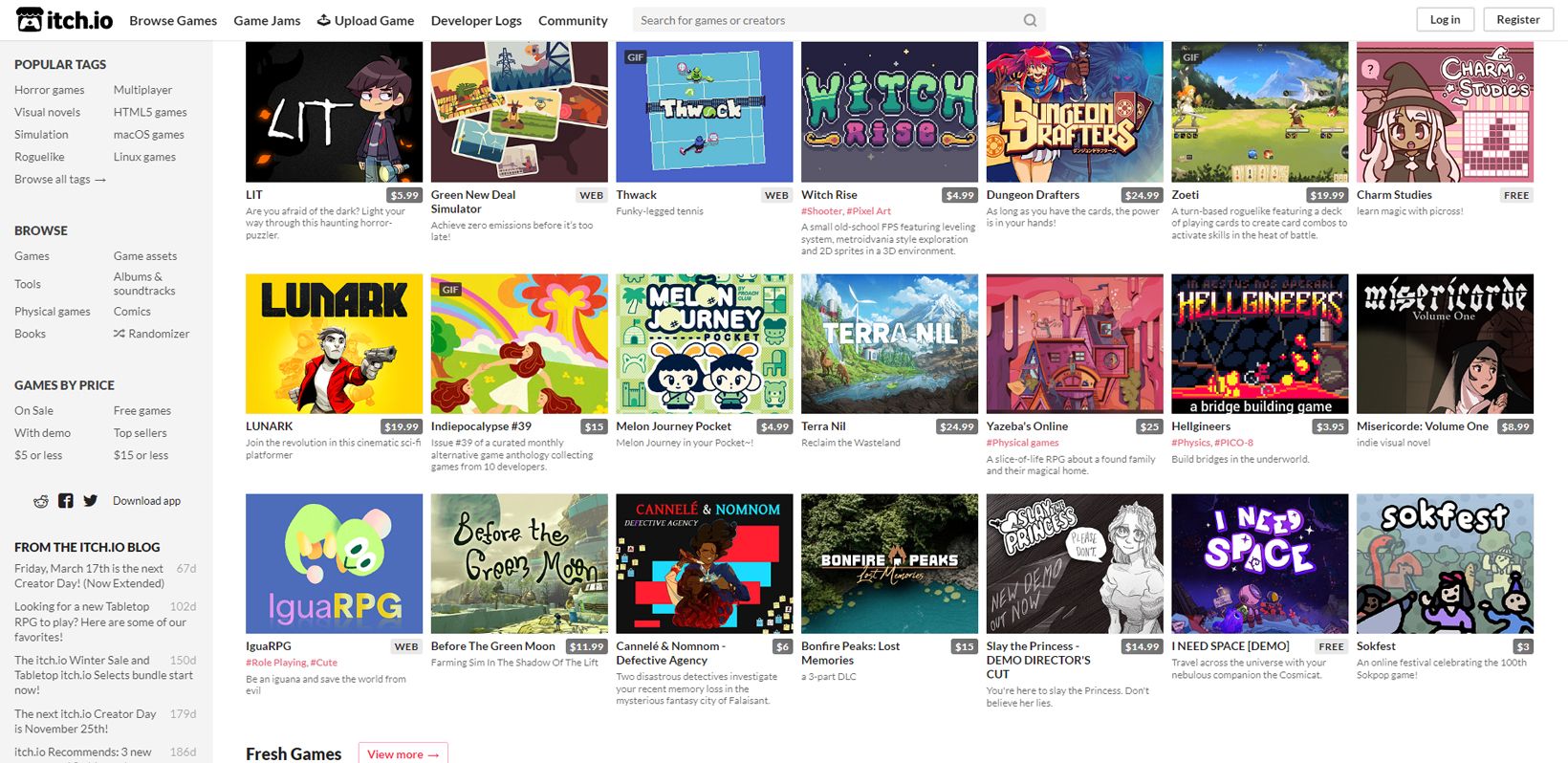 Itch.io homepage with a lot of Indie games