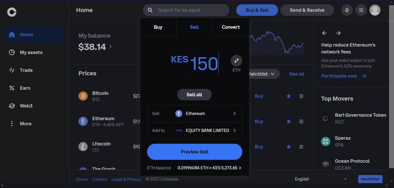 coinbase sale screen before sale completes