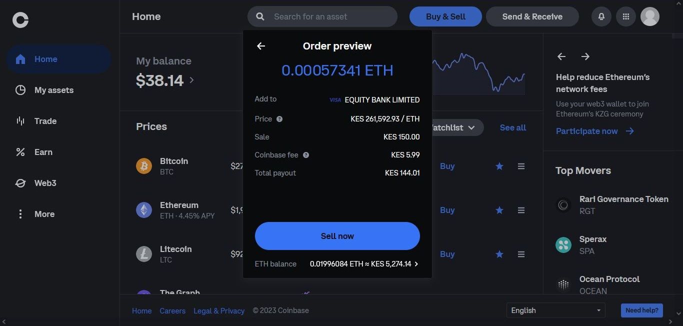 sell now button on coinbase app