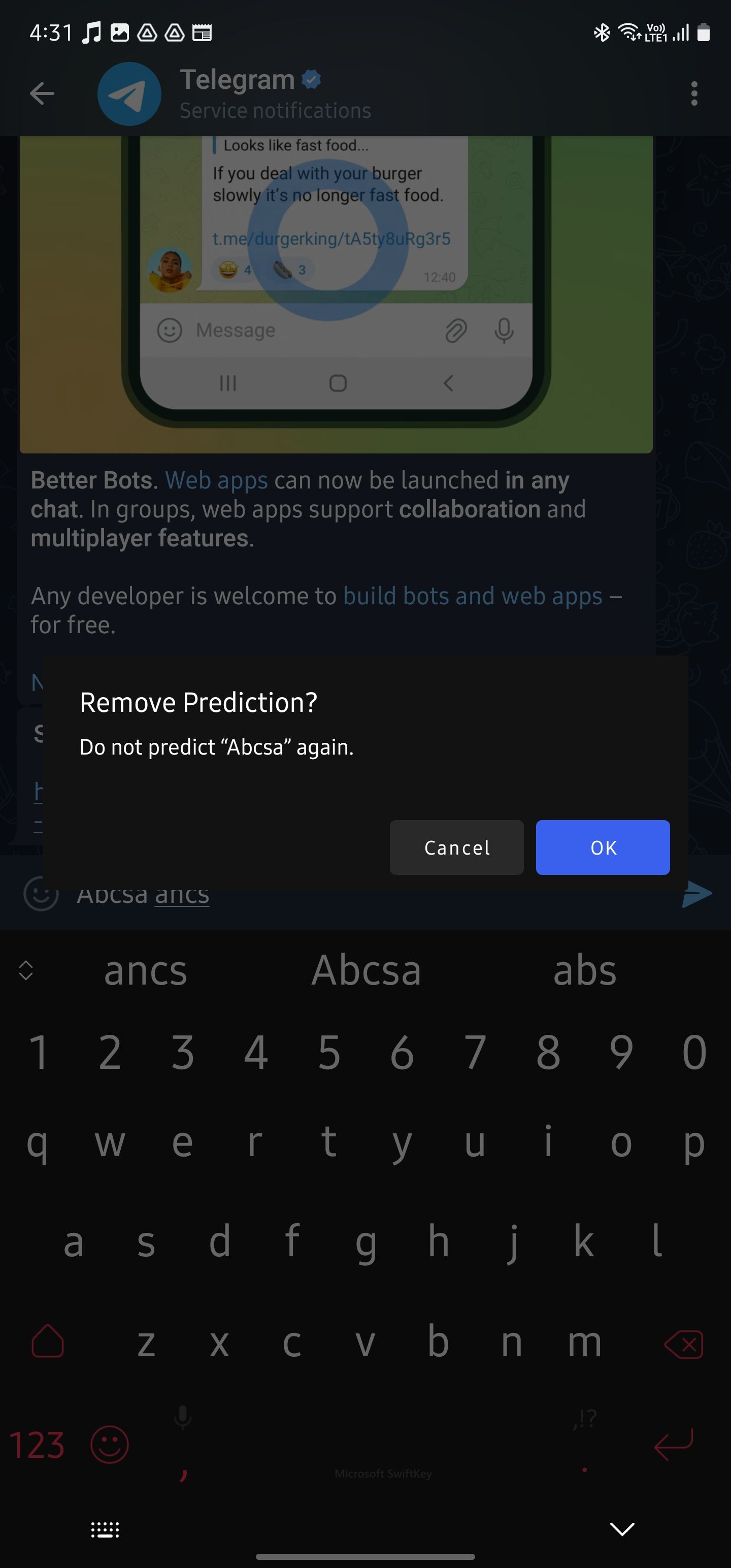 Microsoft SwiftKey untuk Android - menghapus kata dari bilah prediksi