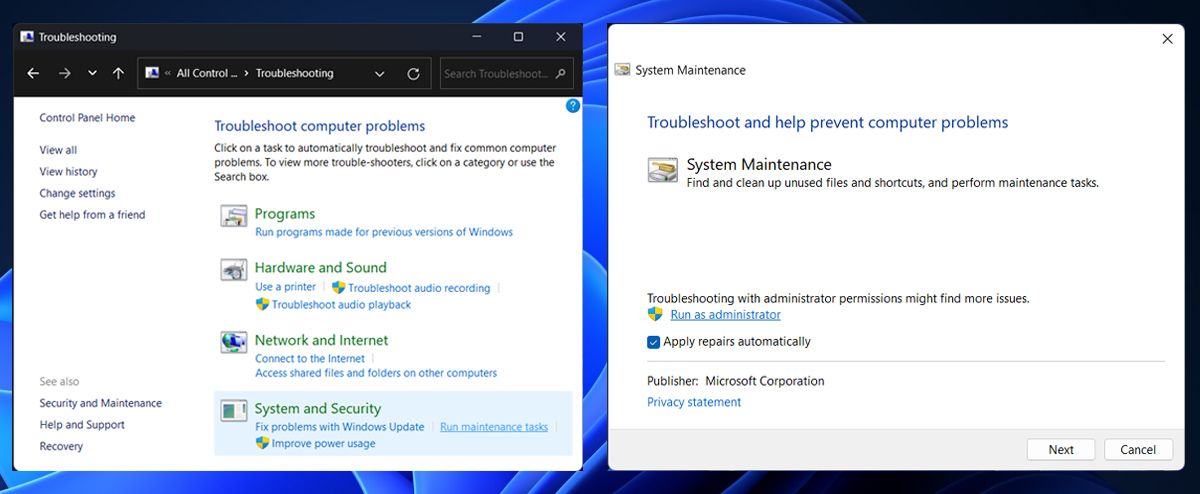 Run System Maintenance troubleshooter in Windows 11