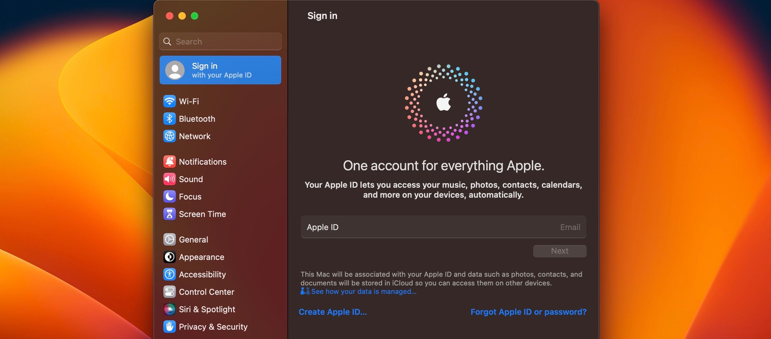 صفحه تنظیمات سیستم برای ورود به Apple ID در macOS
