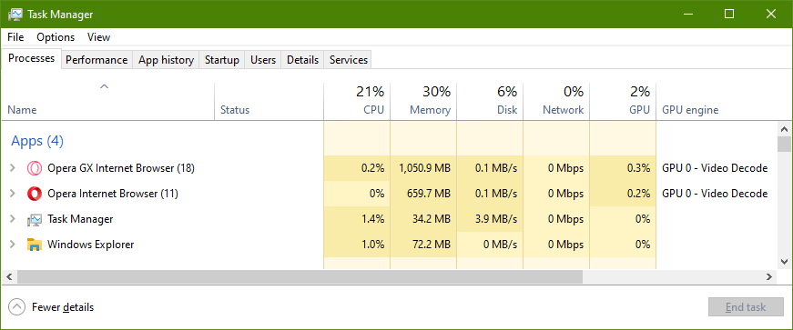 Windows Task Manager featuring Opera and Opera GX