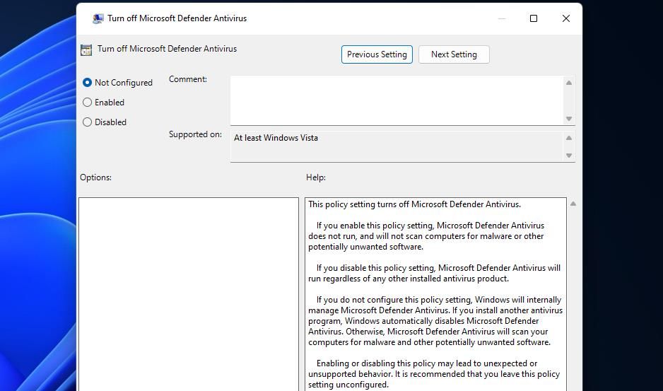 The Turn off Microsoft Defender Antivirus window 