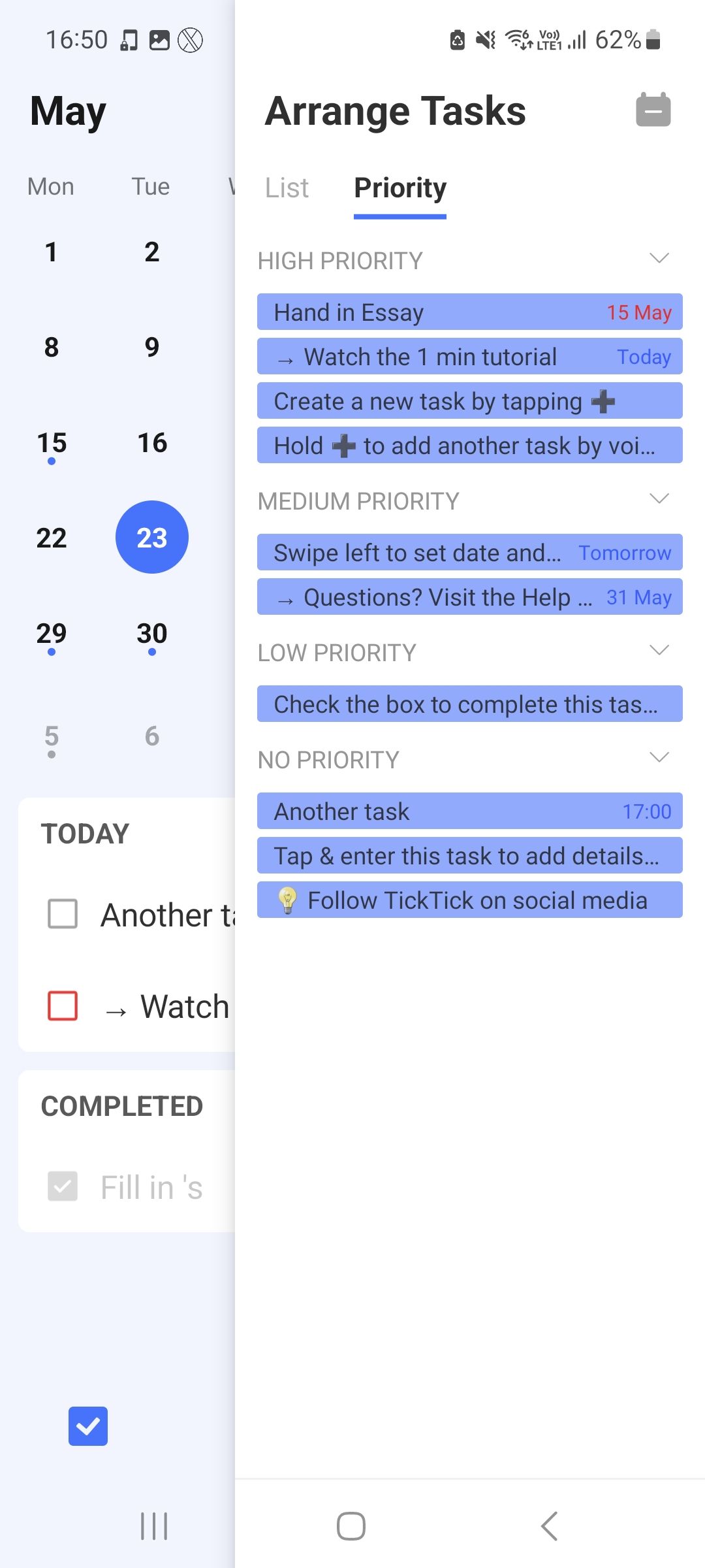 TickTick Arrange Tasks view