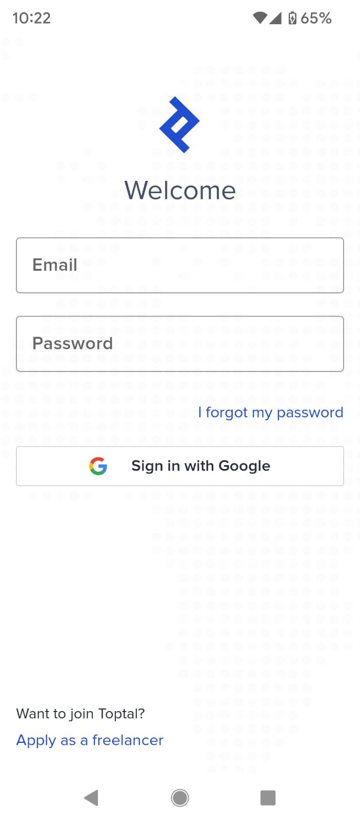 Toptal Login Page on the App