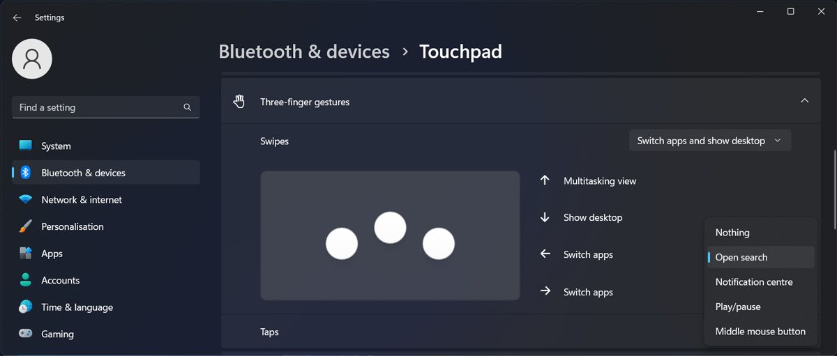 Touchpad gestures settings in Windows 11