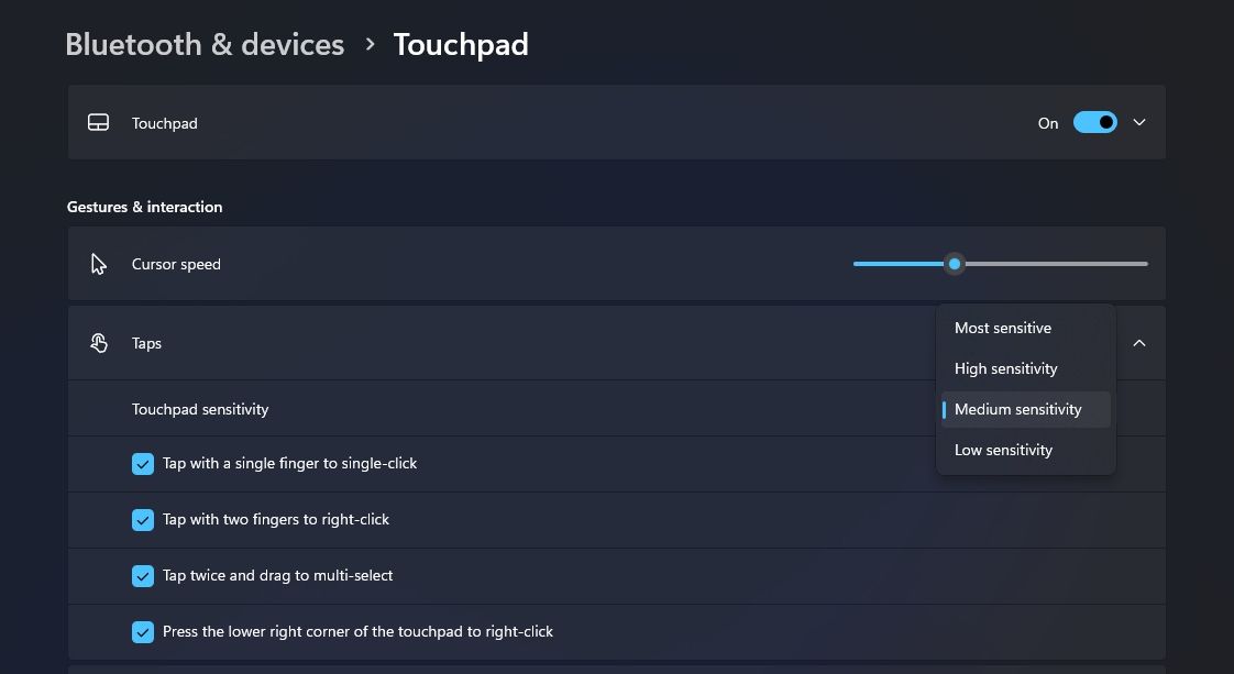 Touchpad window in the Settings app