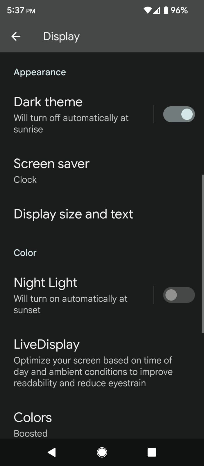 Turning on the Dark Theme or Mode in the Android Display Settings
