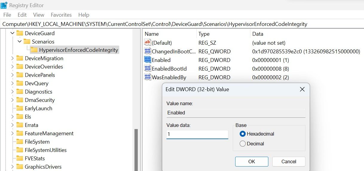 Tweaking a Key Related to Memory Integrity in Windows Registry Editor