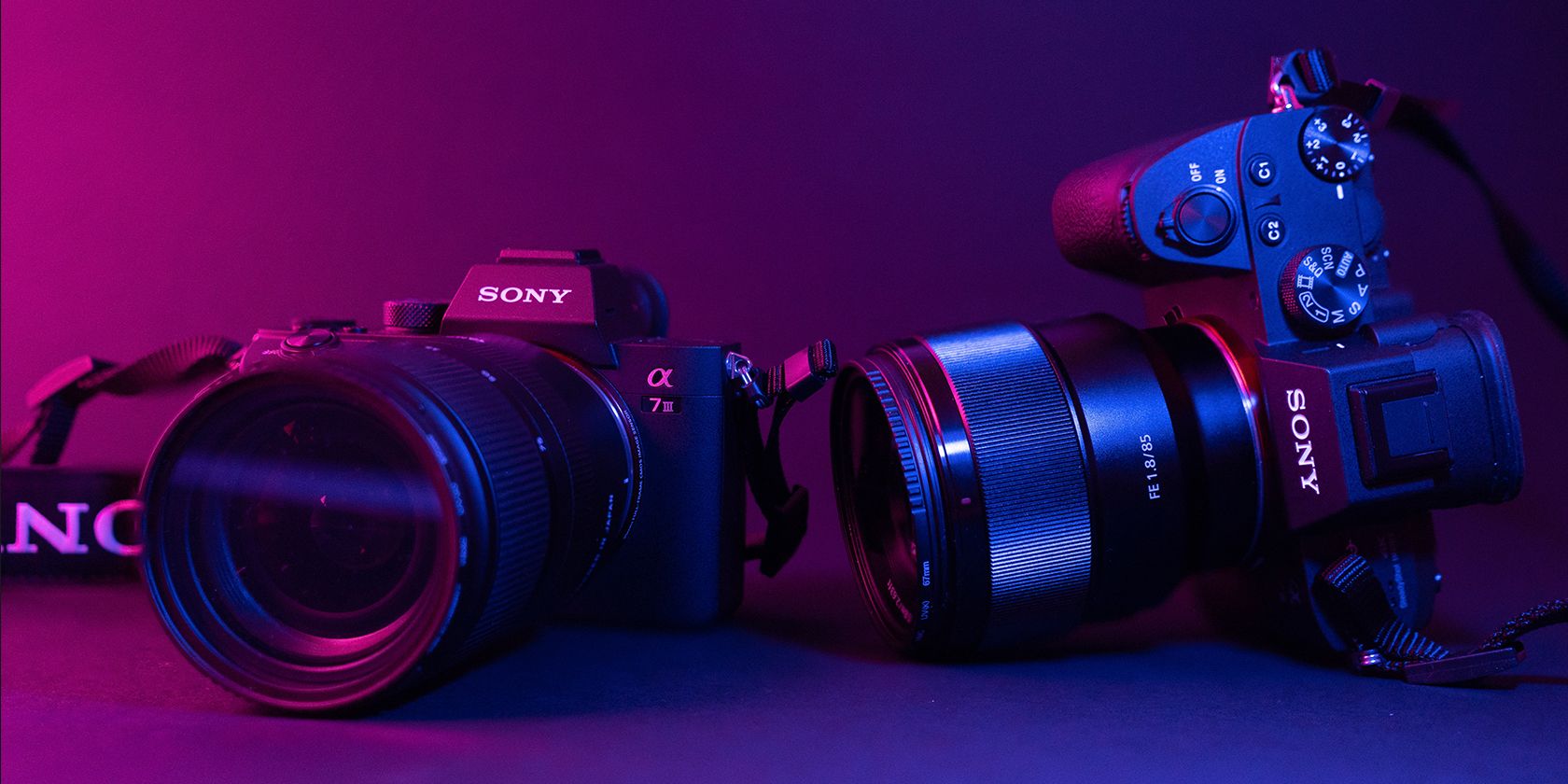 Two Sony a7iiis in magenta and blue lighting