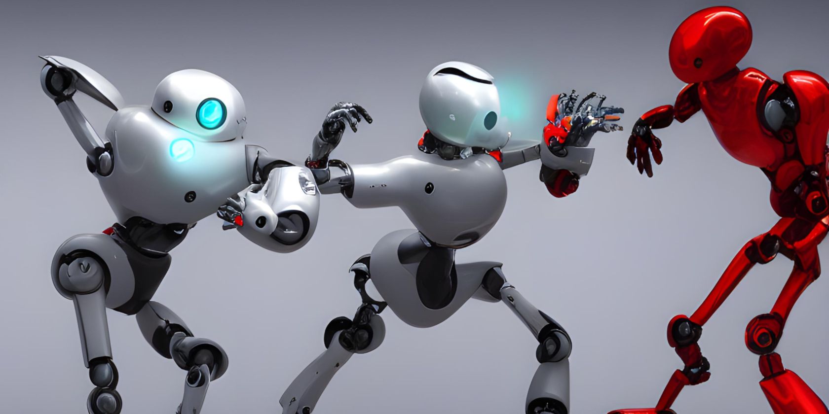 two white robots fighting a red robot