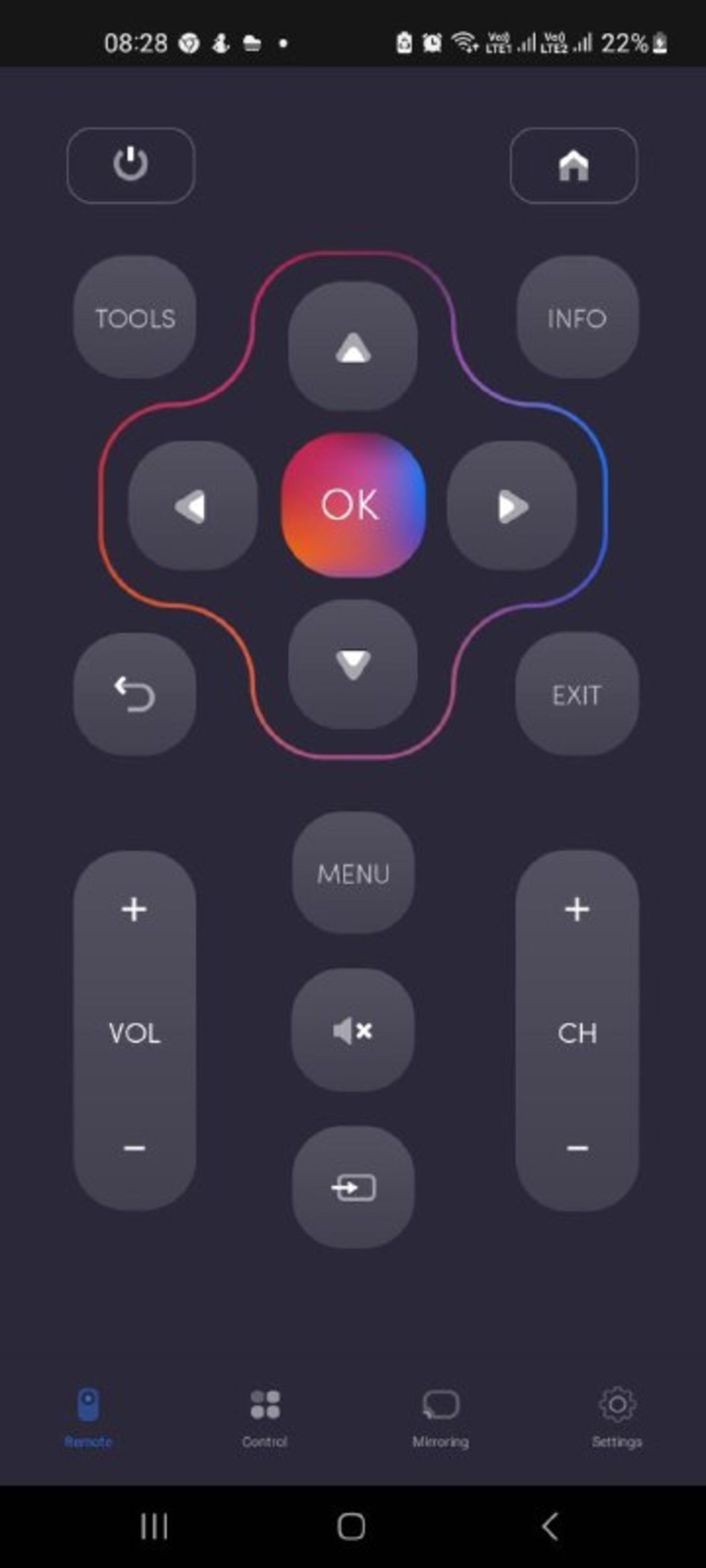 Controls on the Unimote remote app