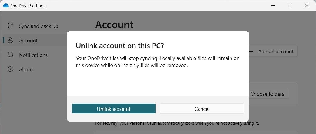 Unlink OneDrive Account on Windows