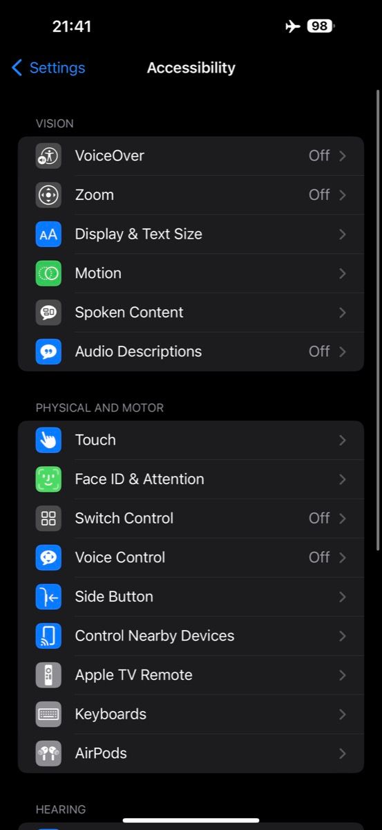 Accessibility settings on iPhone
