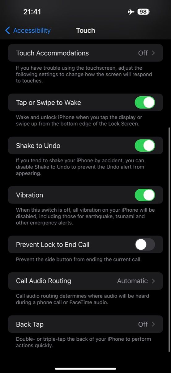 iPhone Touch options