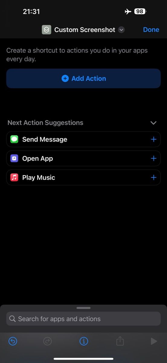 Add Action button in a new shortcut