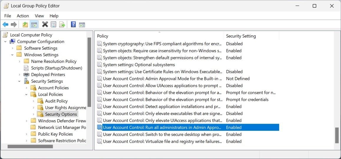 User Account Control Run all administrators in Admin Approval Mode