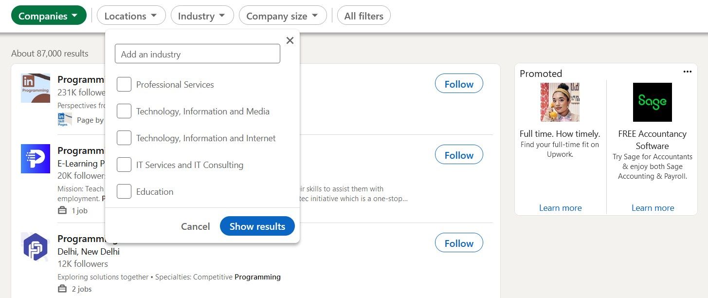 استفاده از فیلتر صنایع در نتایج جستجوی پیشرفته لینکدین